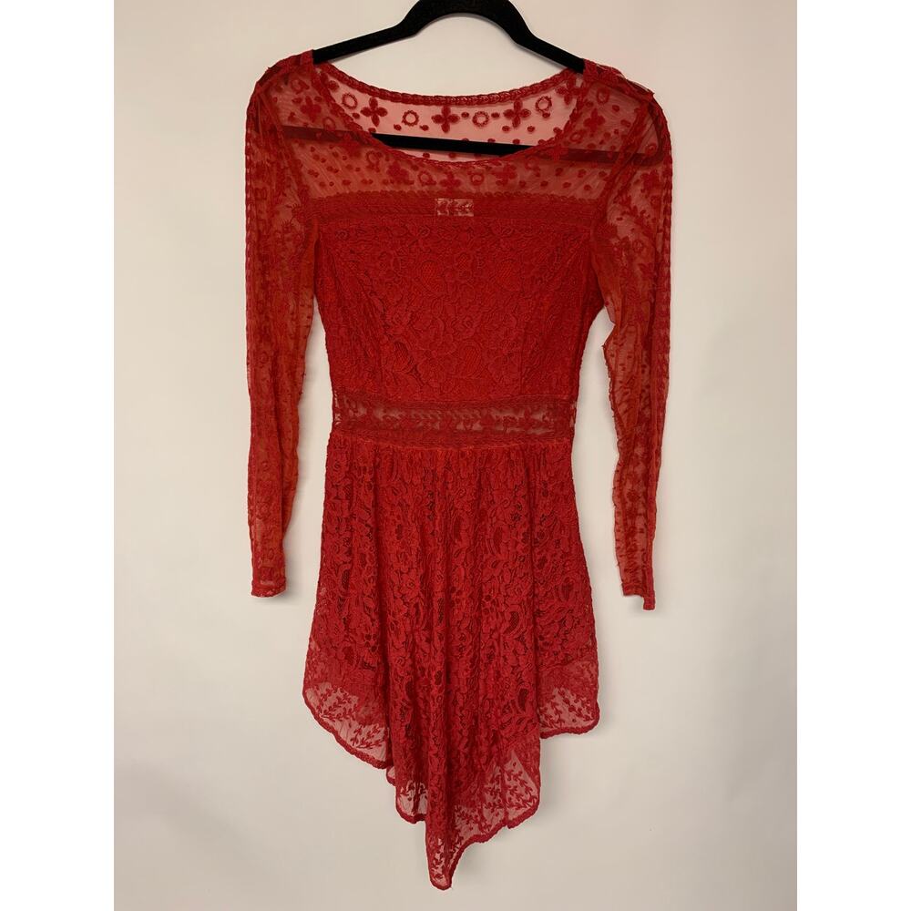 DIVIDED Red Skater Dress Lace Mesh Hanky HI/Low Hem Boho Womens SZ 6
